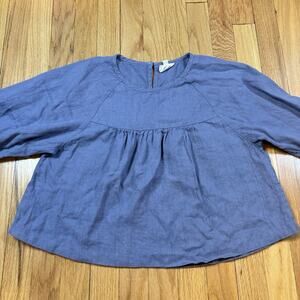 Beaton Women’s Size Small 100% Linen Blouse Long Sleeve Blue Ballon Sleeves Crop